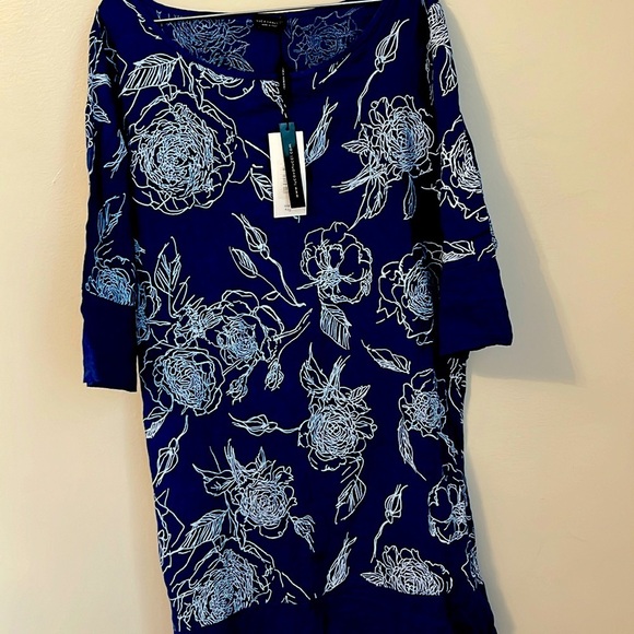 NWT Luca Vanucci Blue with white printed flowers Linen tunic style dress XL - Picture 1 of 7